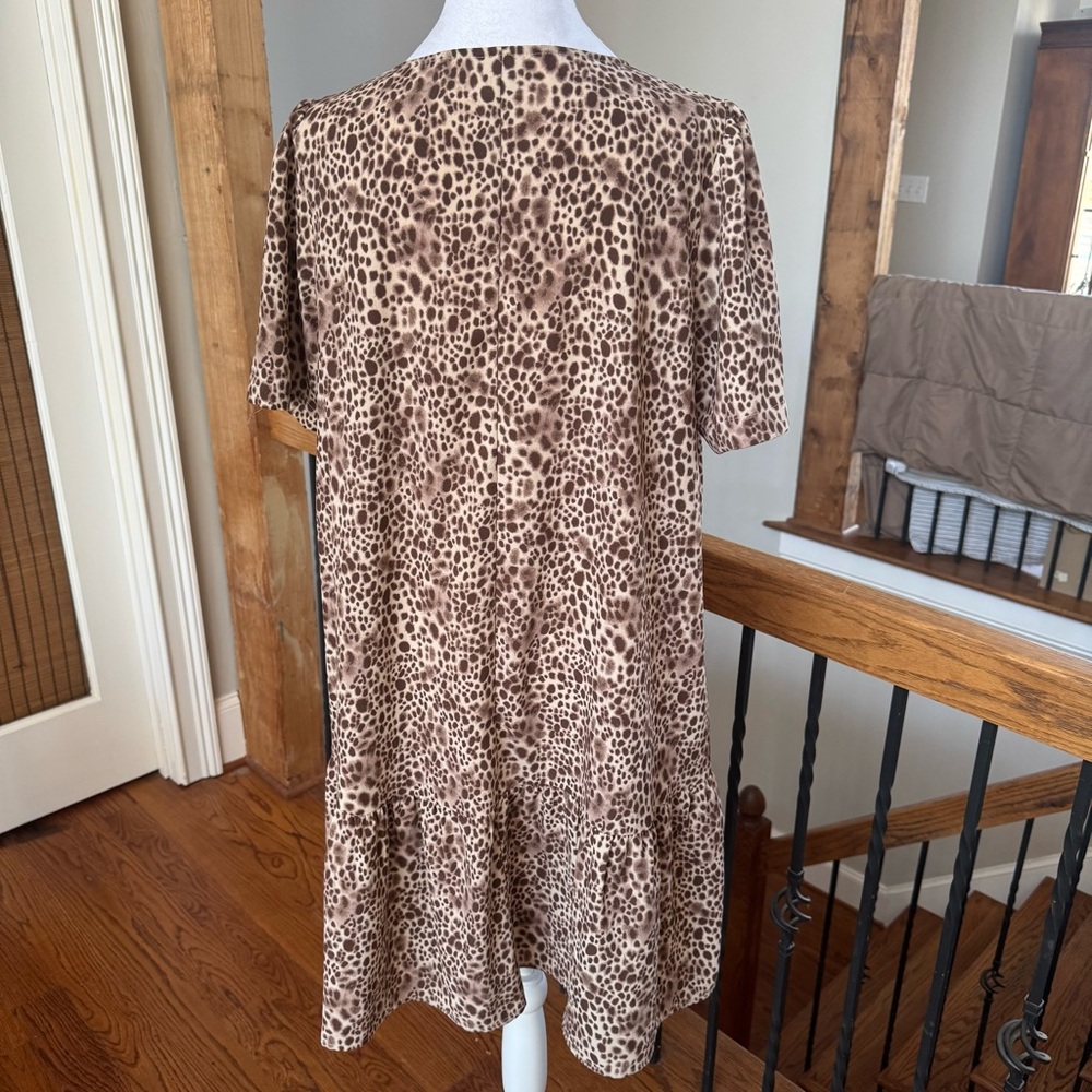 Leopard Print V-Neck Dress A-line ruffle hem tan brown cream L - Picture 3 of 6